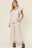 Double Take Texture Ruffle Short Sleeve Top and Drawstring Wide Leg Pants Set 