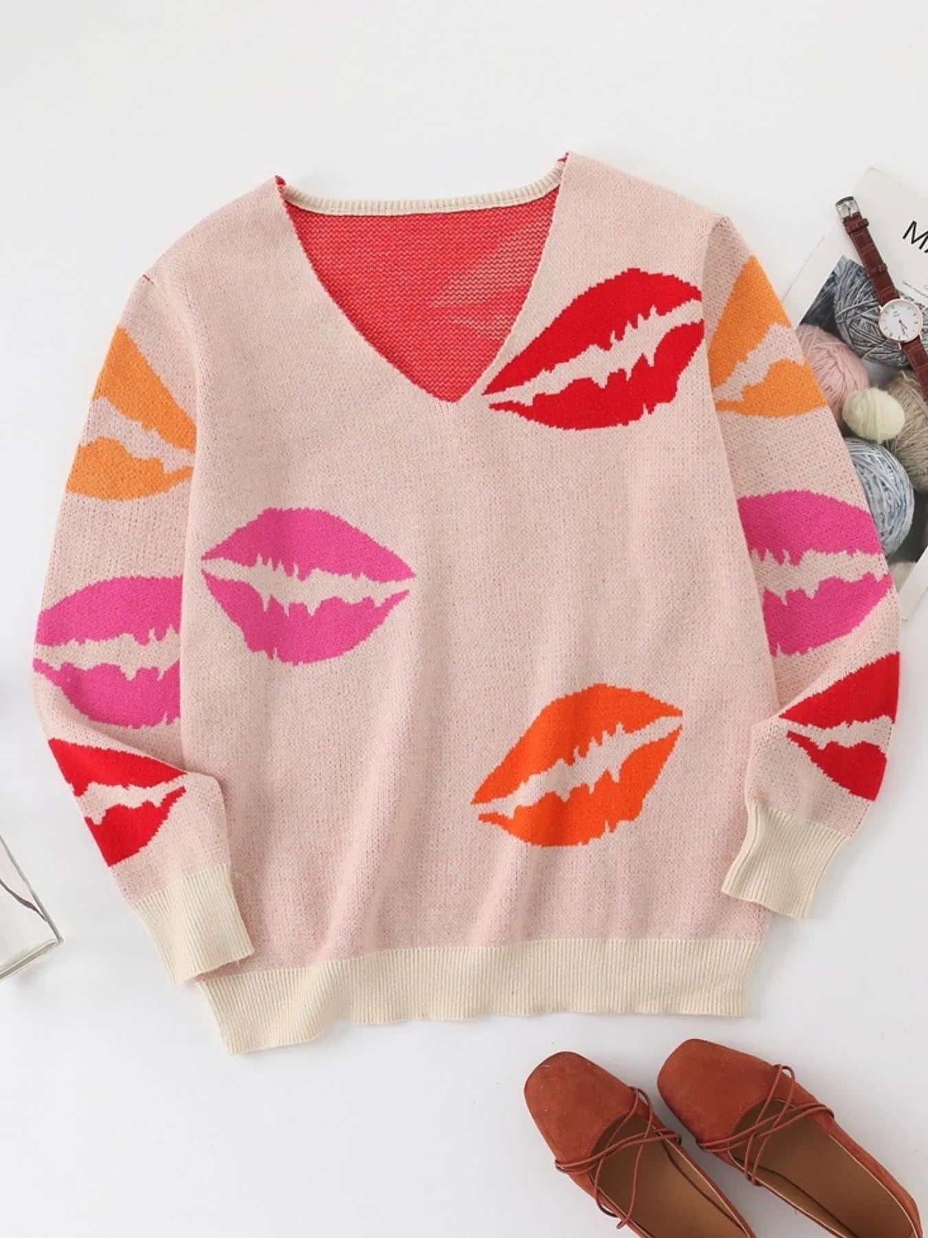 Colorful Lips V-Neck Sweater 