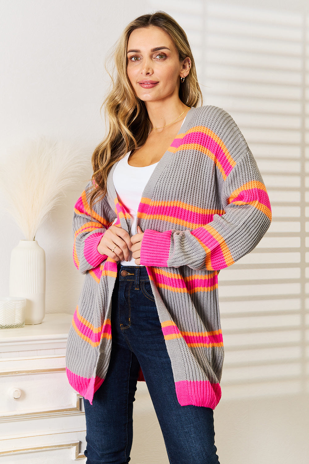 Woven Right Ribbed Long Sleeve Cardigan 