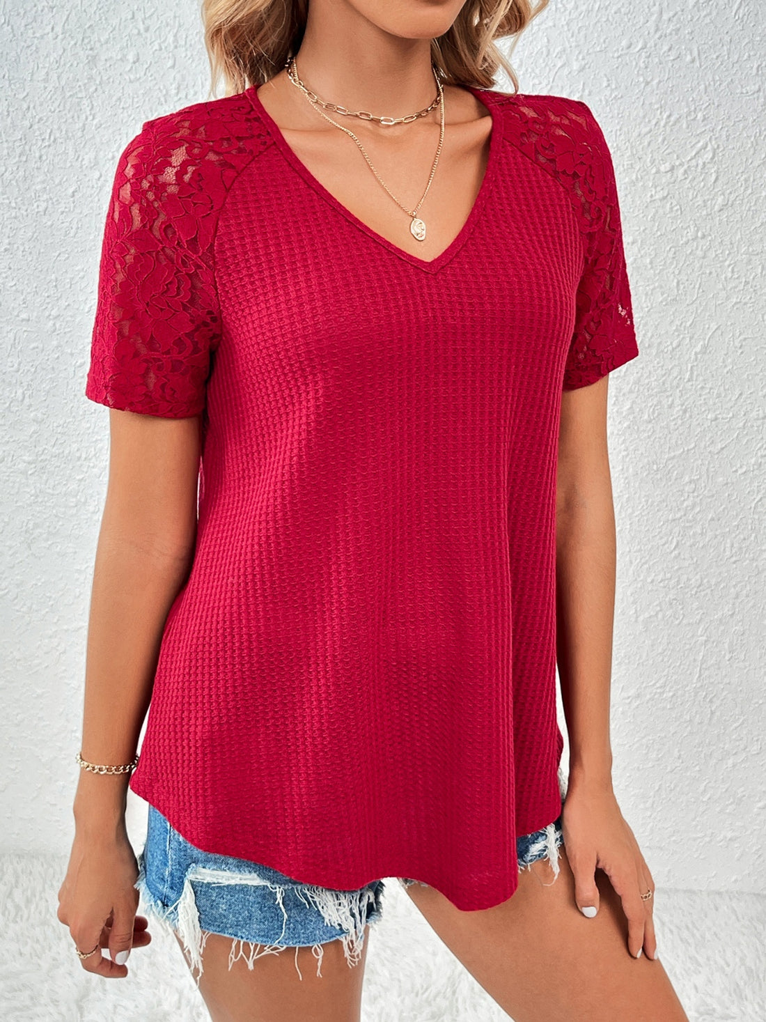 Ivy Lane Lace Detail V-Neck Short Sleeve T-Shirt 