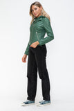Snobbish Faux Leather Zip Up Drawstring Hooded Jacket 