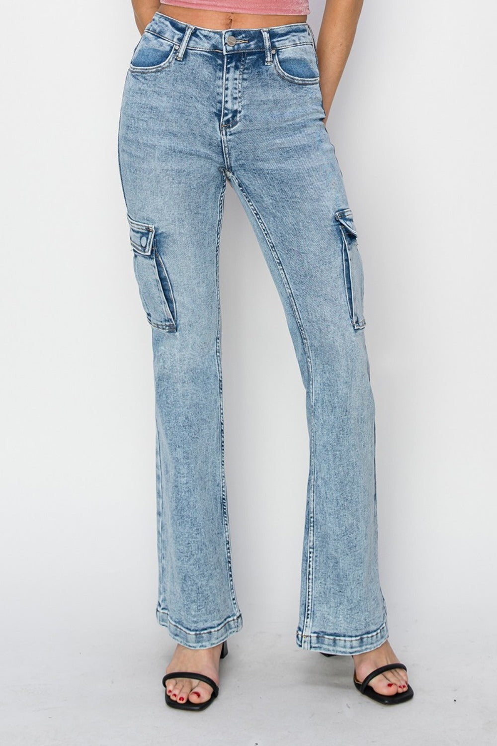RISEN Full Size High Rise Cargo Flare Jeans 