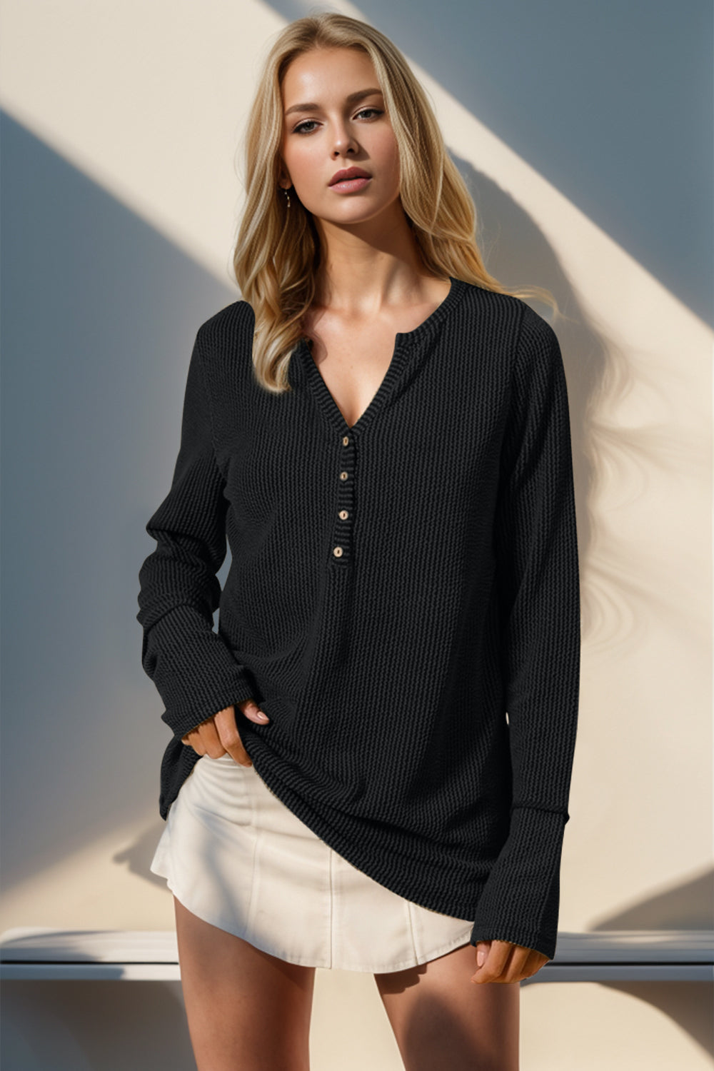 Double Take Full Size Notched Thumbhole Long Sleeve T-Shirt 