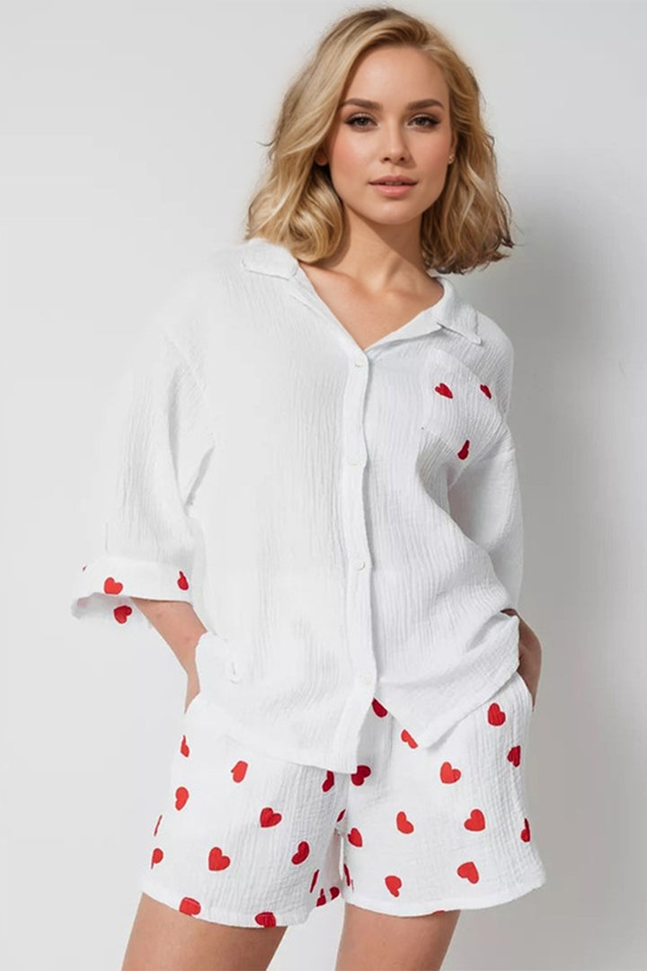 Basic Bae Heart Collared Neck Button Down Top and Shorts Set 