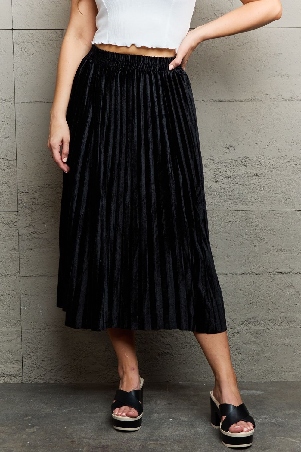 Ninexis Accordion Pleated Flowy Midi Skirt 