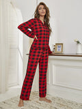 Plaid Collared Neck Long Sleeve Top and Pants Lounge Set Lingerie & Nightwear
