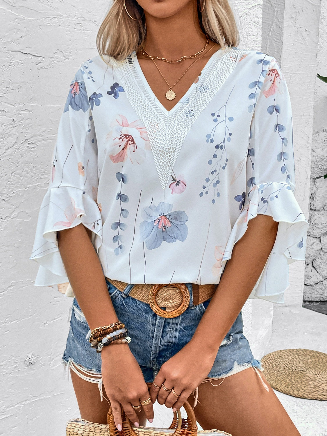 Honey Ruffled Printed V-Neck Half Sleeve Blouse 