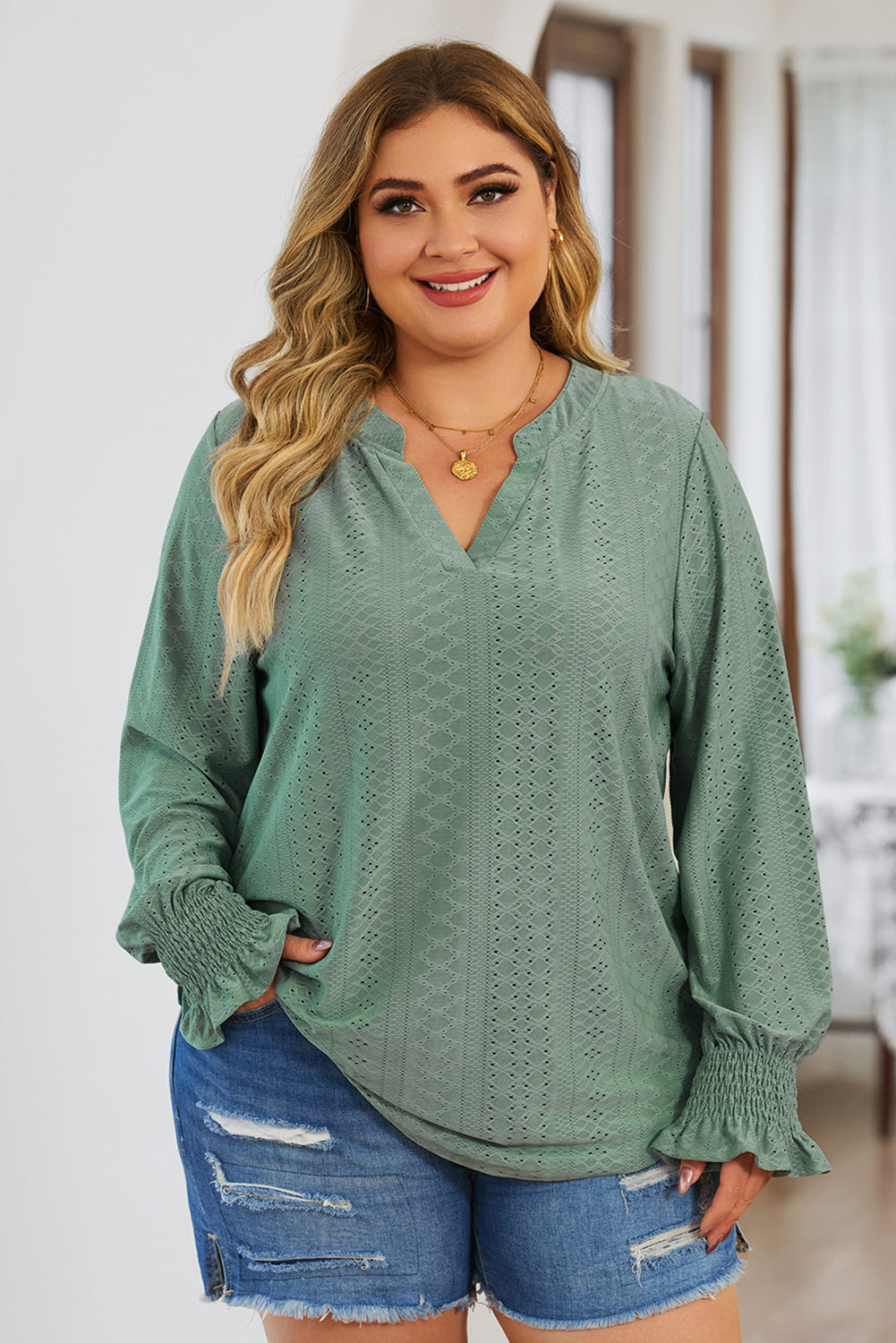 Plus Size Eyelet Notched Flounce Sleeve Blouse 