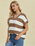 Double Take Full Size Striped V-Neck Short Sleeve Sweater 