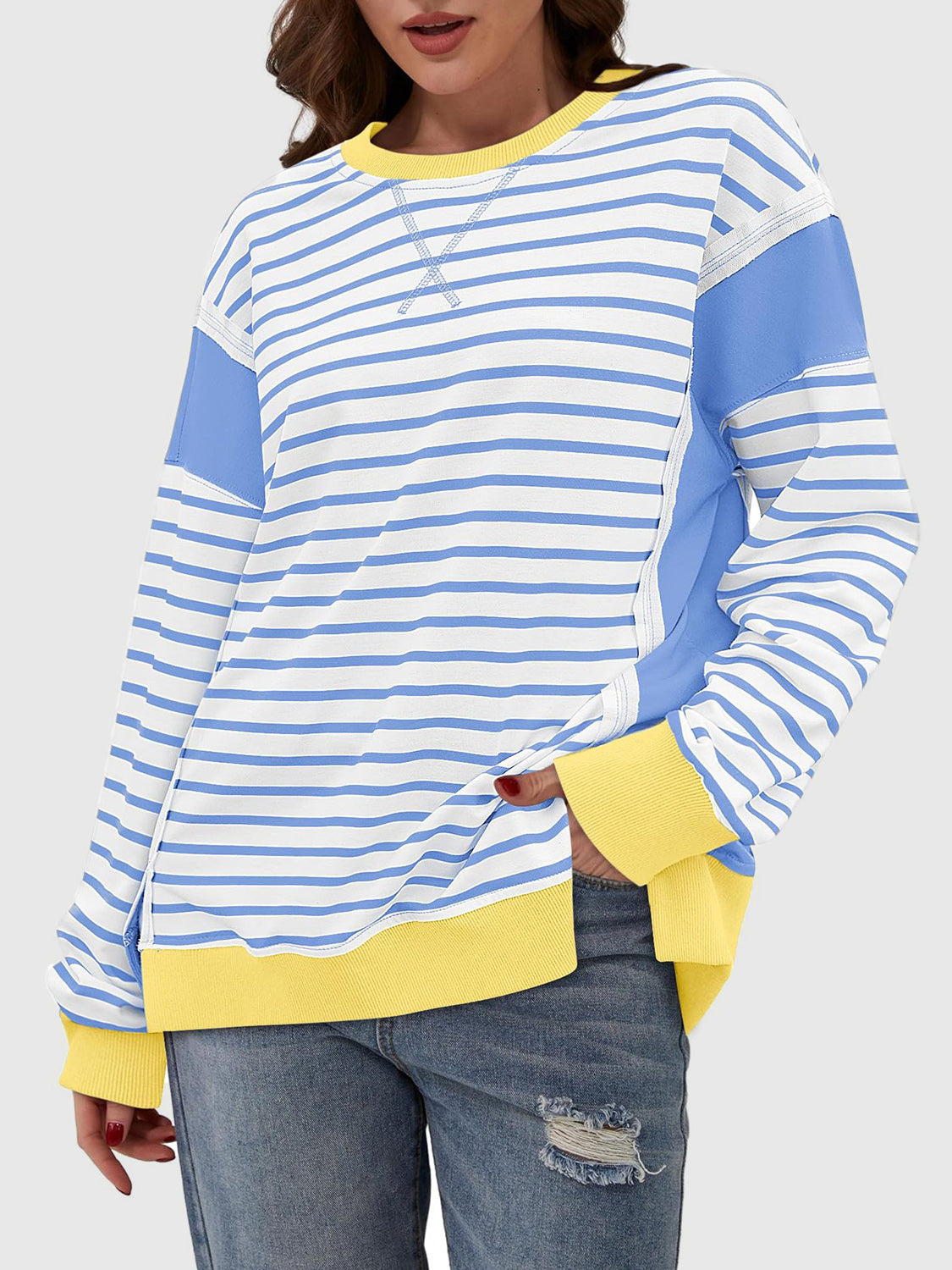 Slit Exposed Seam Striped Long Sleeve Sweatshirt 