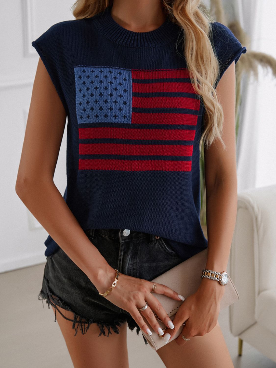Devine US Flag Round Neck Sweater Vest 