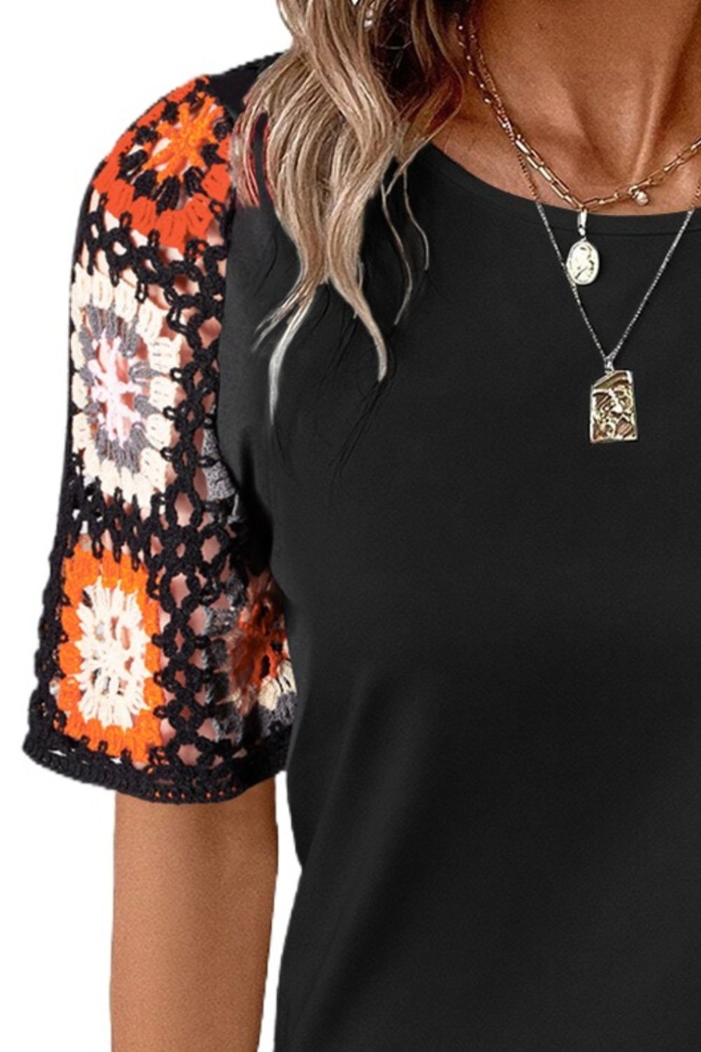 Geometric Round Neck Short Sleeve Blouse 