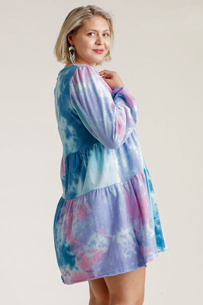 Umgee Full Size Tie Dye Round Neck Long Sleeve Babydoll Tiered Dress Plus Size Dresses