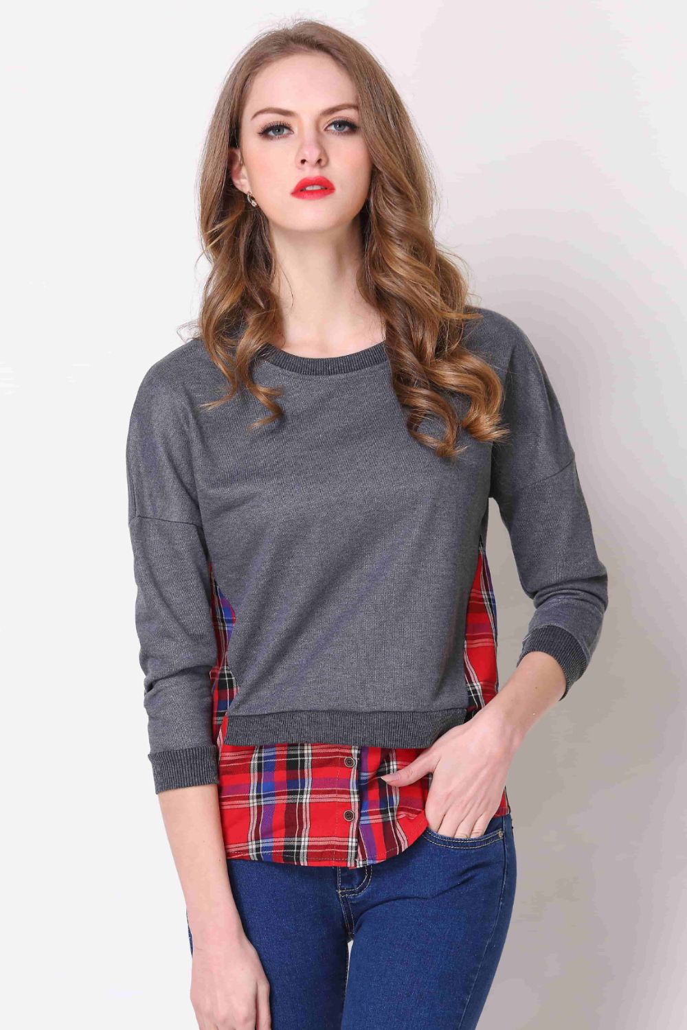 Full Size Plaid Patch Drop Shoulder Round Neck Top 