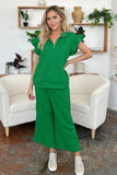 Double Take Texture Ruffle Short Sleeve Top and Drawstring Wide Leg Pants Set 