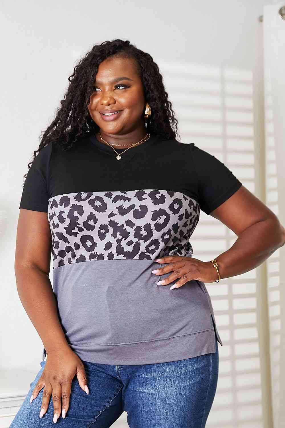 Double Take Leopard Print Color Block Short Sleeve T-Shirt 