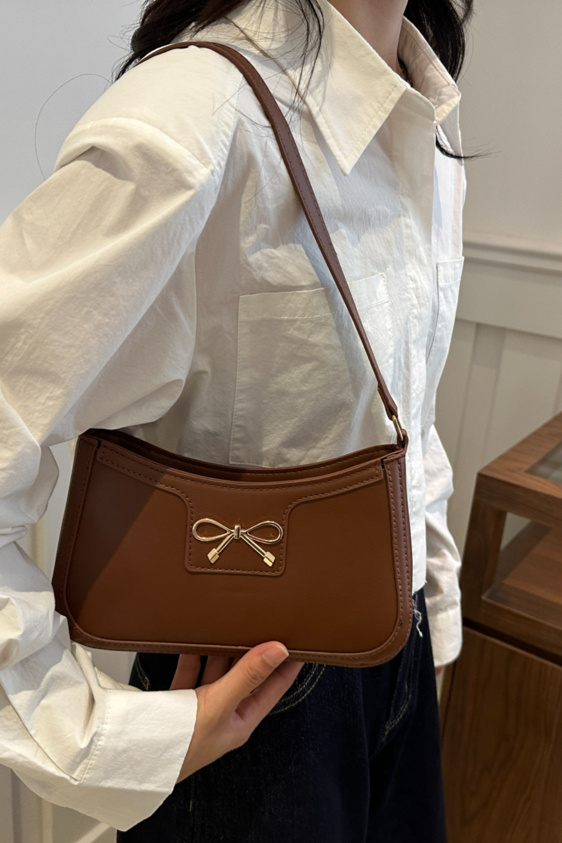 Bow Trim PU Leather Shoulder Bag 