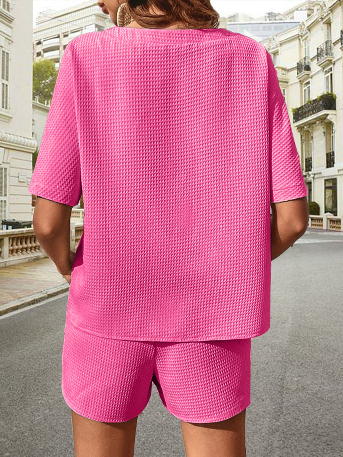 Waffle-Knit Half Sleeve Top and Shorts Set 