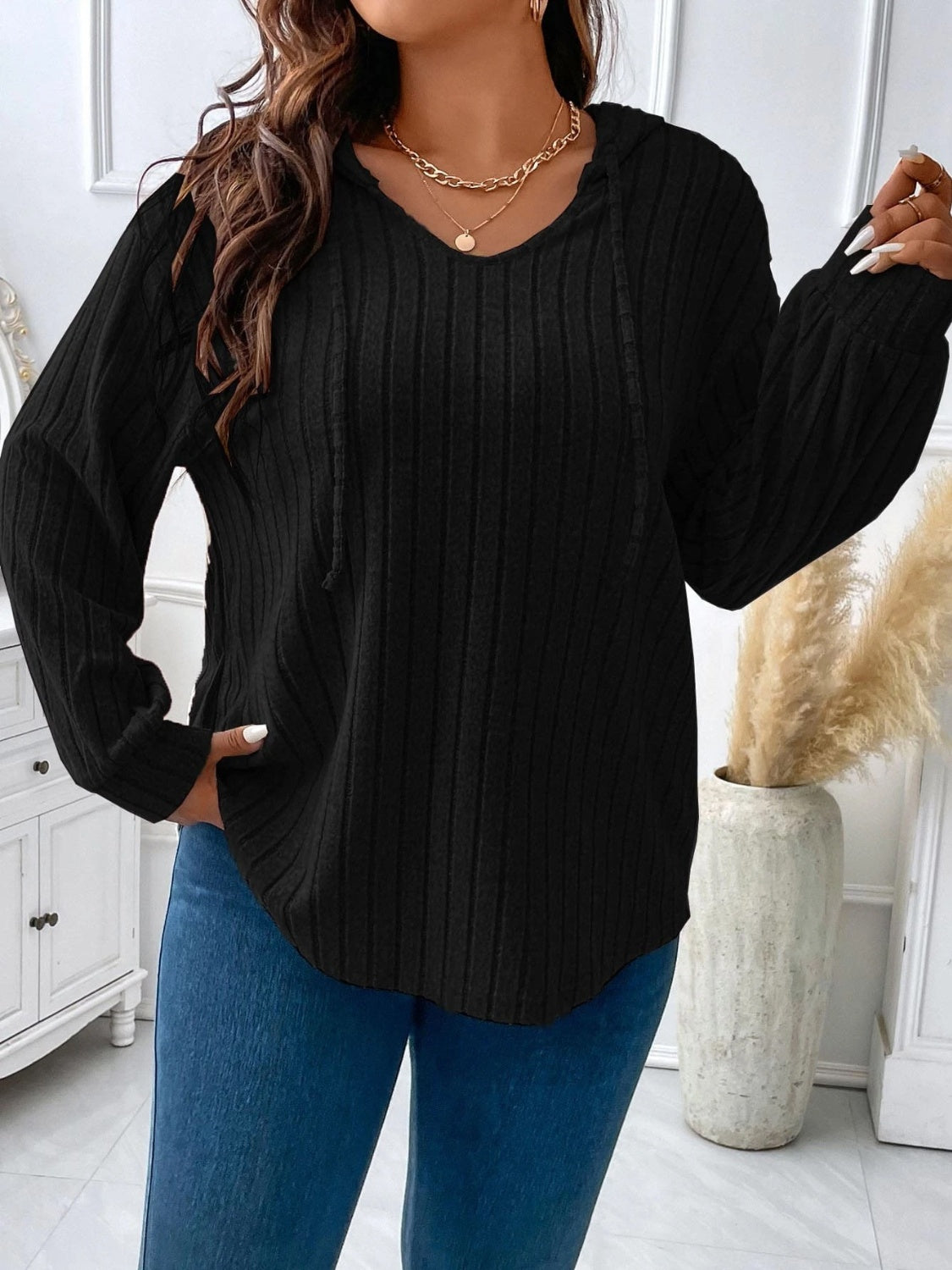 Plus Size Drawstring Dropped Shoulder Hooded T-Shirt 