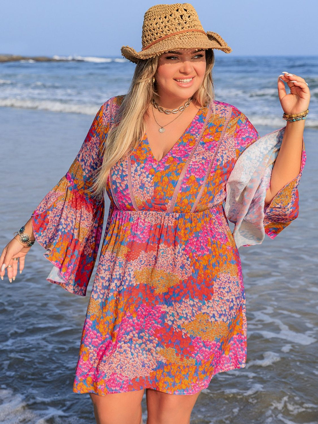 Plus Size Ruched Printed Long Sleeve Dress 