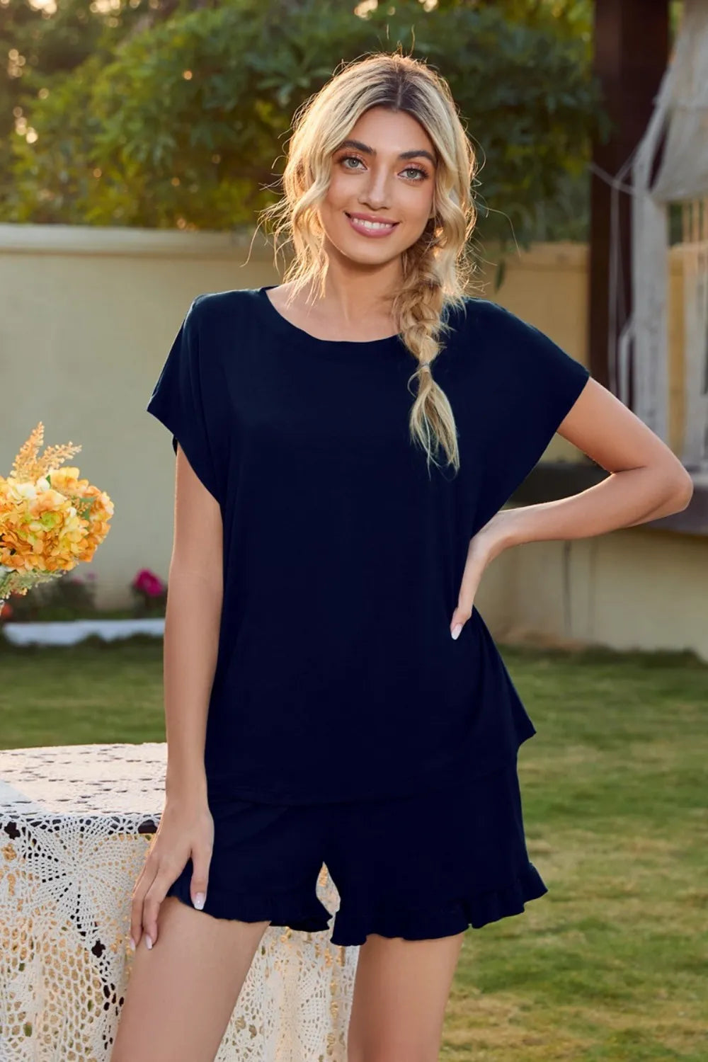 Round Neck Short Sleeve T-Shirt and Drawstring Shorts Lounge Set Lingerie & Nightwear