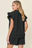 Double Take Full Size Texture Flounce Sleeve Top and Drawstring Shorts Set 