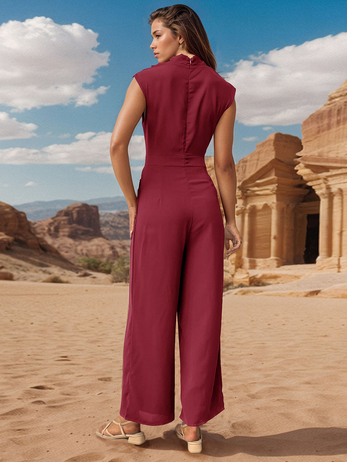 Perfee Ruched Mock Neck Sleeveless Jumpsuit 