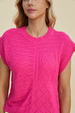 Double Take Full Size Cable-Knit Round Neck Cap Sleeve Sweater 