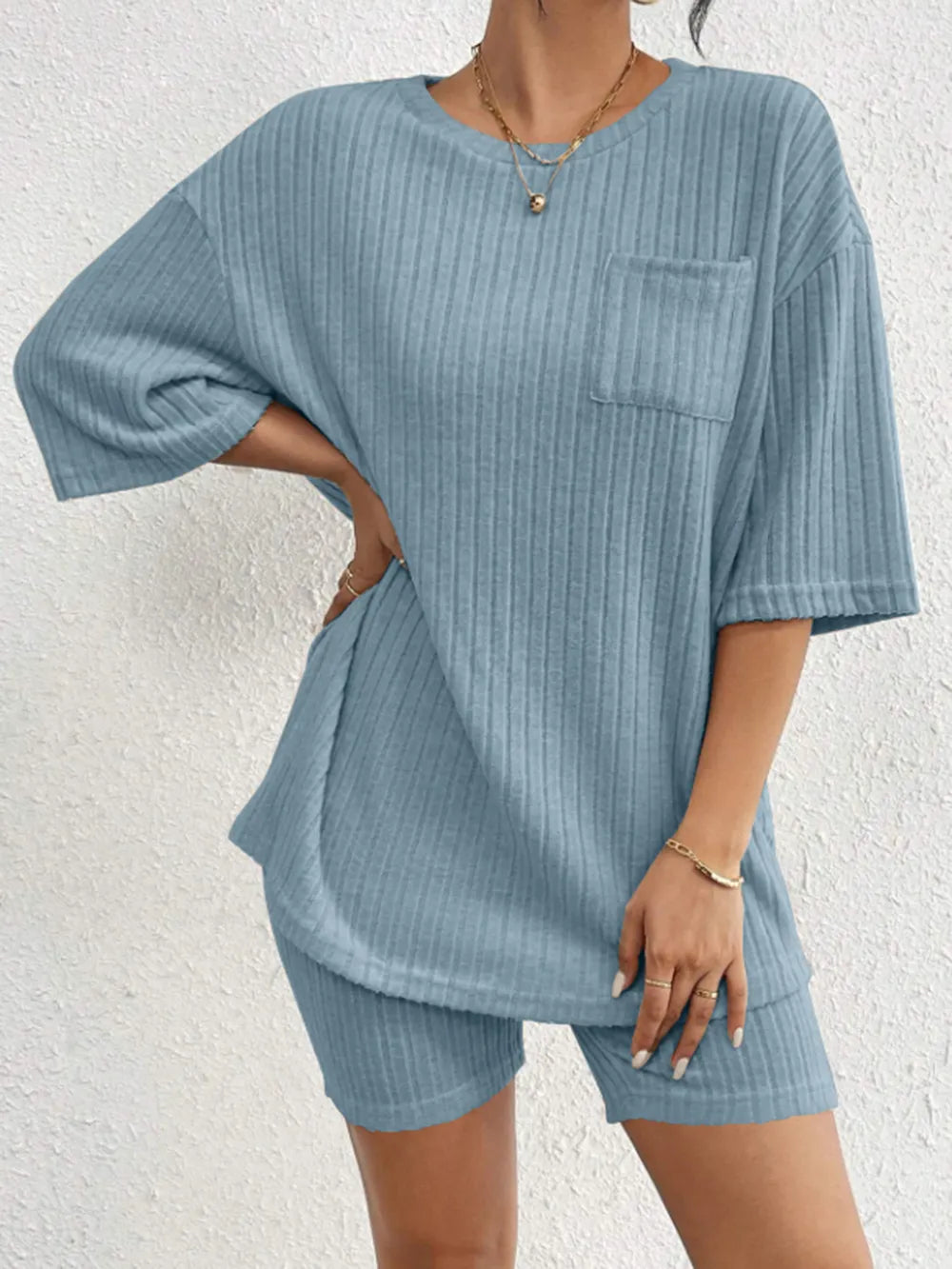 Ribbed Round Neck Top and Shorts Set Two Piece Dresses