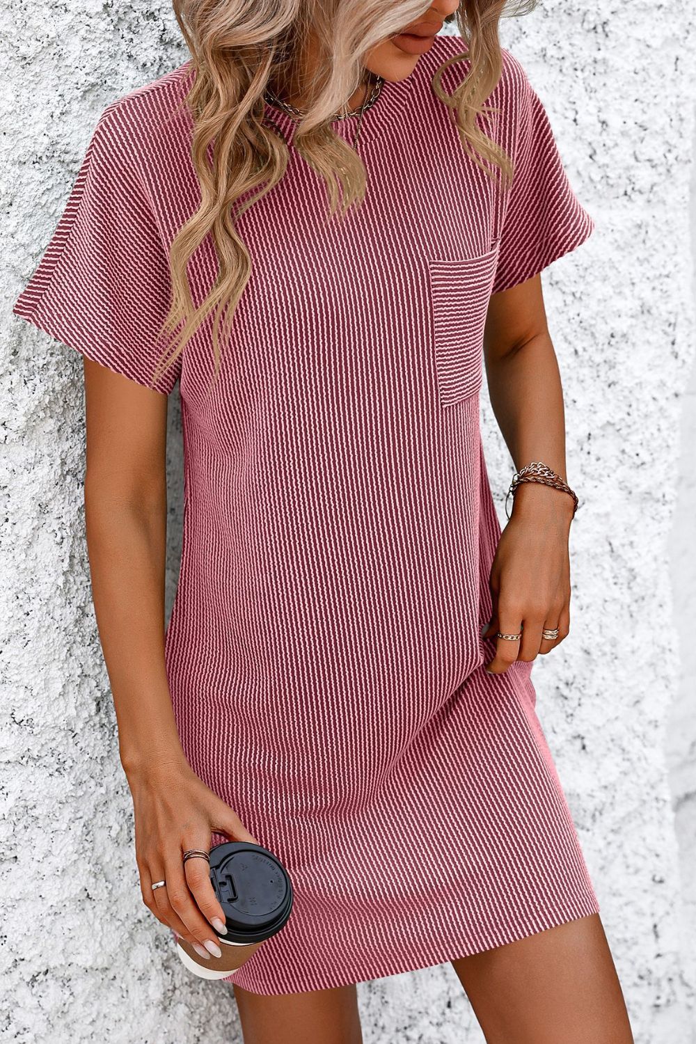 Mandy Ribbed Striped Short Sleeve Mini Tee Dress 