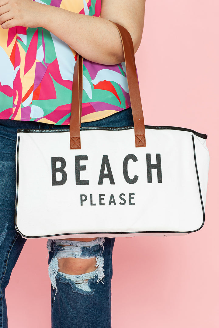 White BEACH PLEASE Print Large Canvas Tote Bag Shoes & Bags/Handbags