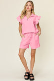 Double Take Full Size Texture Flounce Sleeve Top and Drawstring Shorts Set 