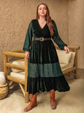 Plus Size Lace Patchwork V-Neck Balloon Sleeve Midi Dress 