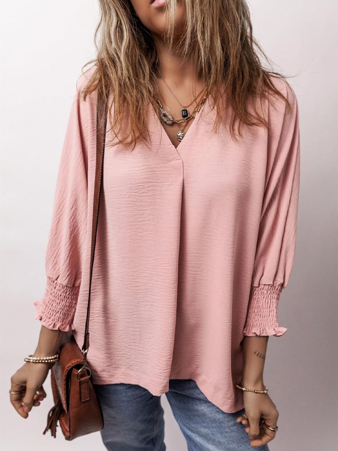 Johnny Collar Three-Quarter Sleeve Blouse 