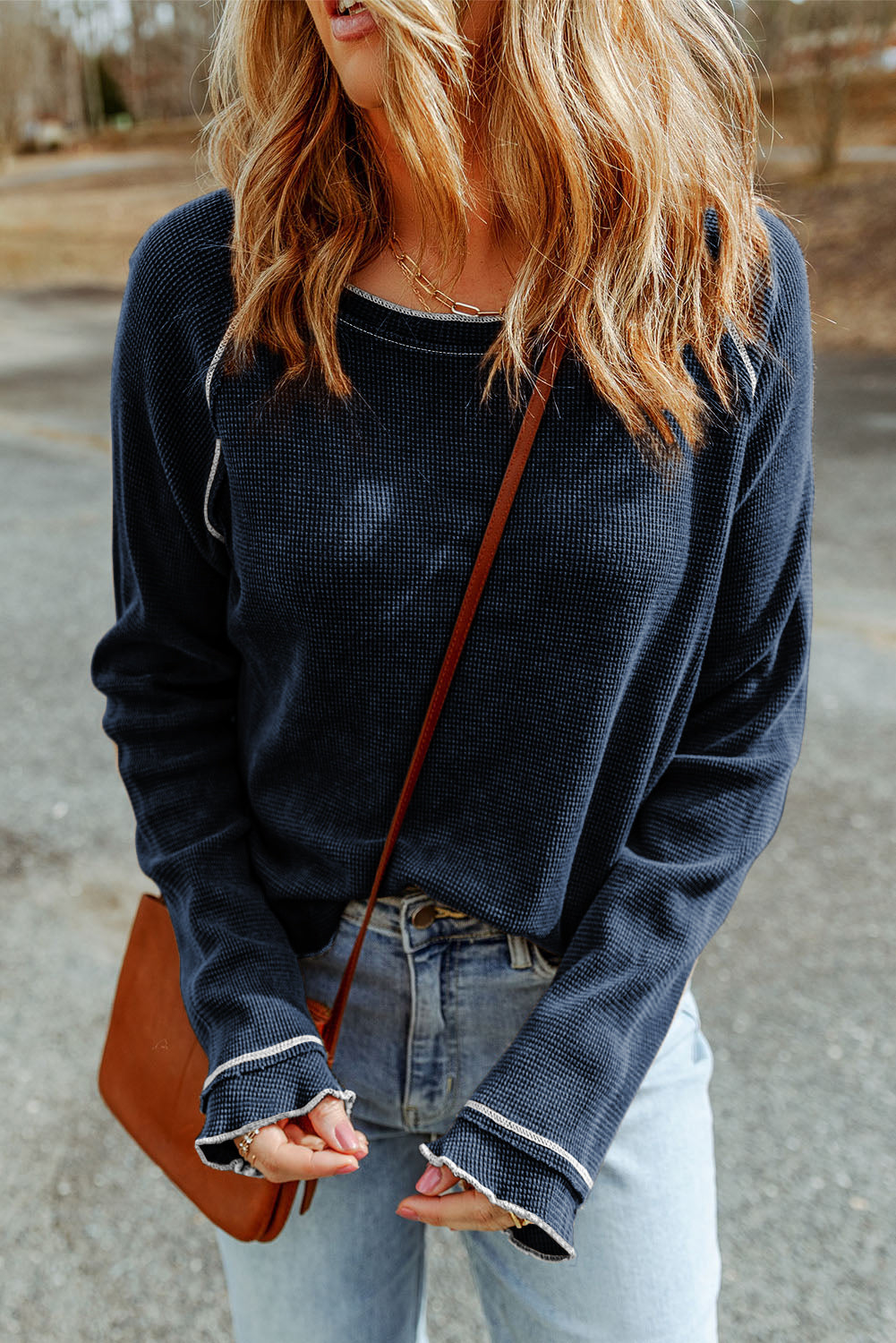 Black Textured Round Neck Long Sleeve Top Tops/Long Sleeve Tops