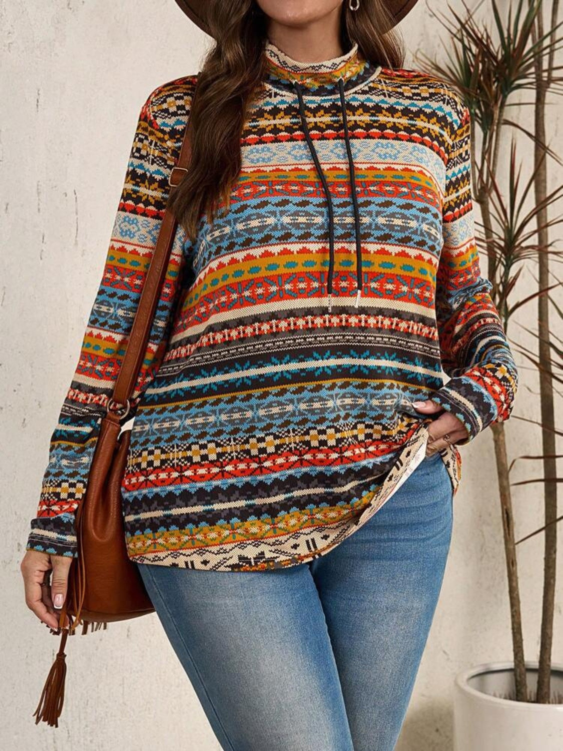 Plus Size Drawstring Printed Mock Neck Long Sleeve Top 