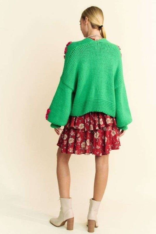 Davi & Dani Floral Applique Open Front Drop Shoulder Cardigan 