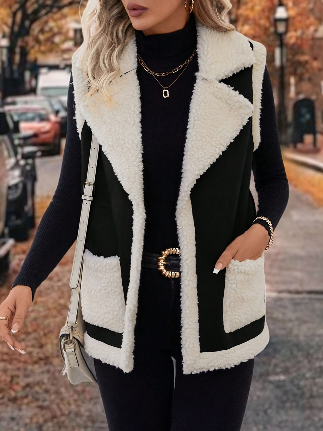 Full Size Contrast Open Front Sherpa Vest Coat 