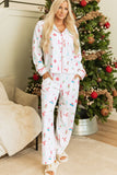 Christmas Printed Collared Neck Top and Pants Lounge Set 