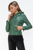 Snobbish Faux Leather Zip Up Drawstring Hooded Jacket 