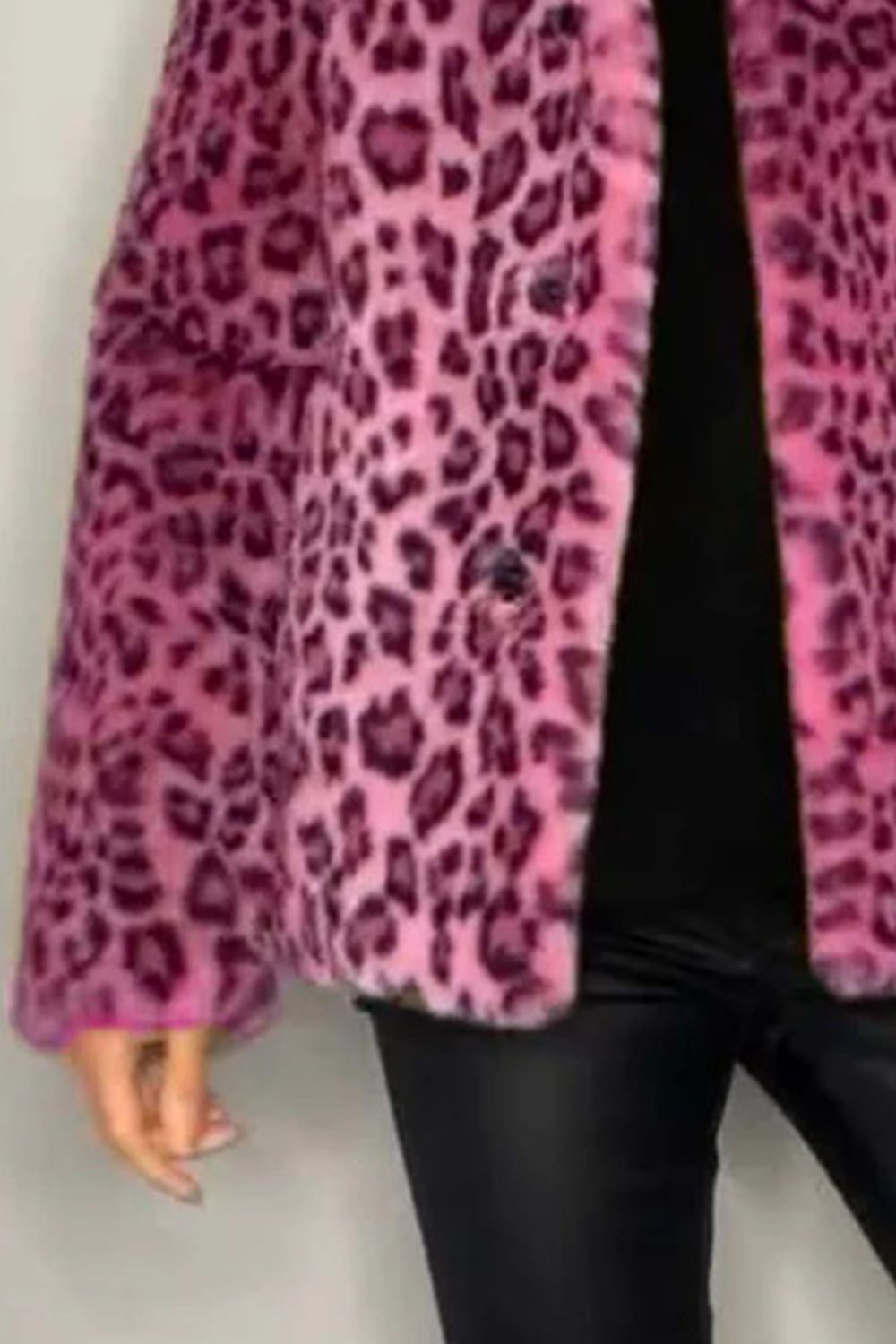 Full Size Leopard Furry Collared Neck Long Sleeve Coat 
