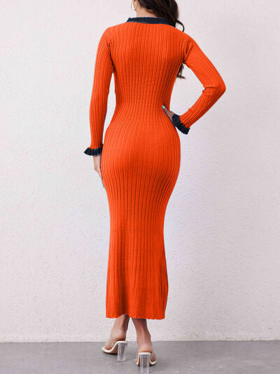 Contrast Trim Round Neck Long Sleeve Sweater Dress Dresses