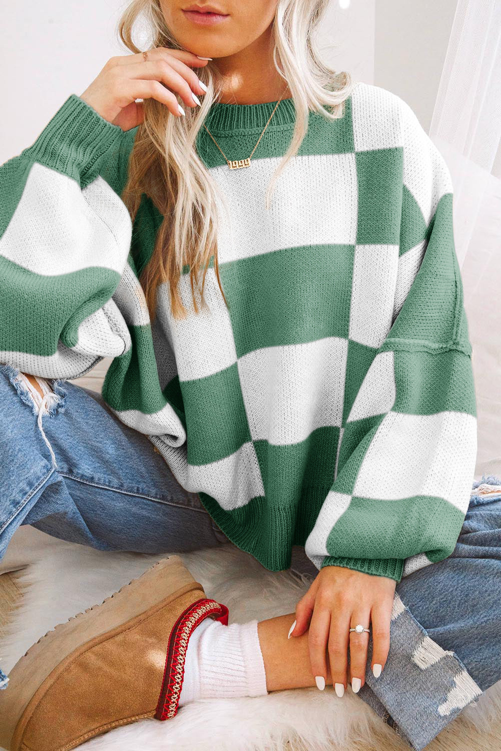 Green Checkered Bishop Sleeve Sweater Sweaters & Cardigans/Sweaters