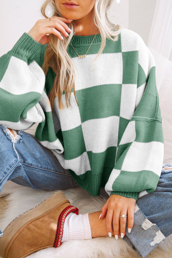 Green Checkered Bishop Sleeve Sweater Sweaters & Cardigans/Sweaters