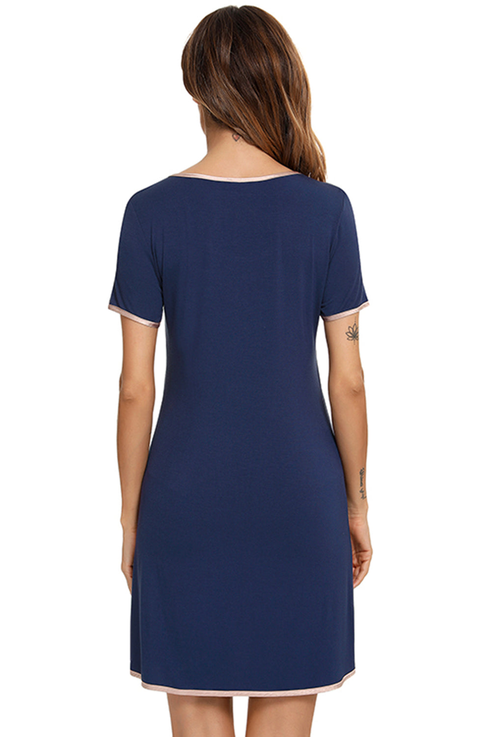 Contrast Trim Pocketed Round Neck Lounge Dress 