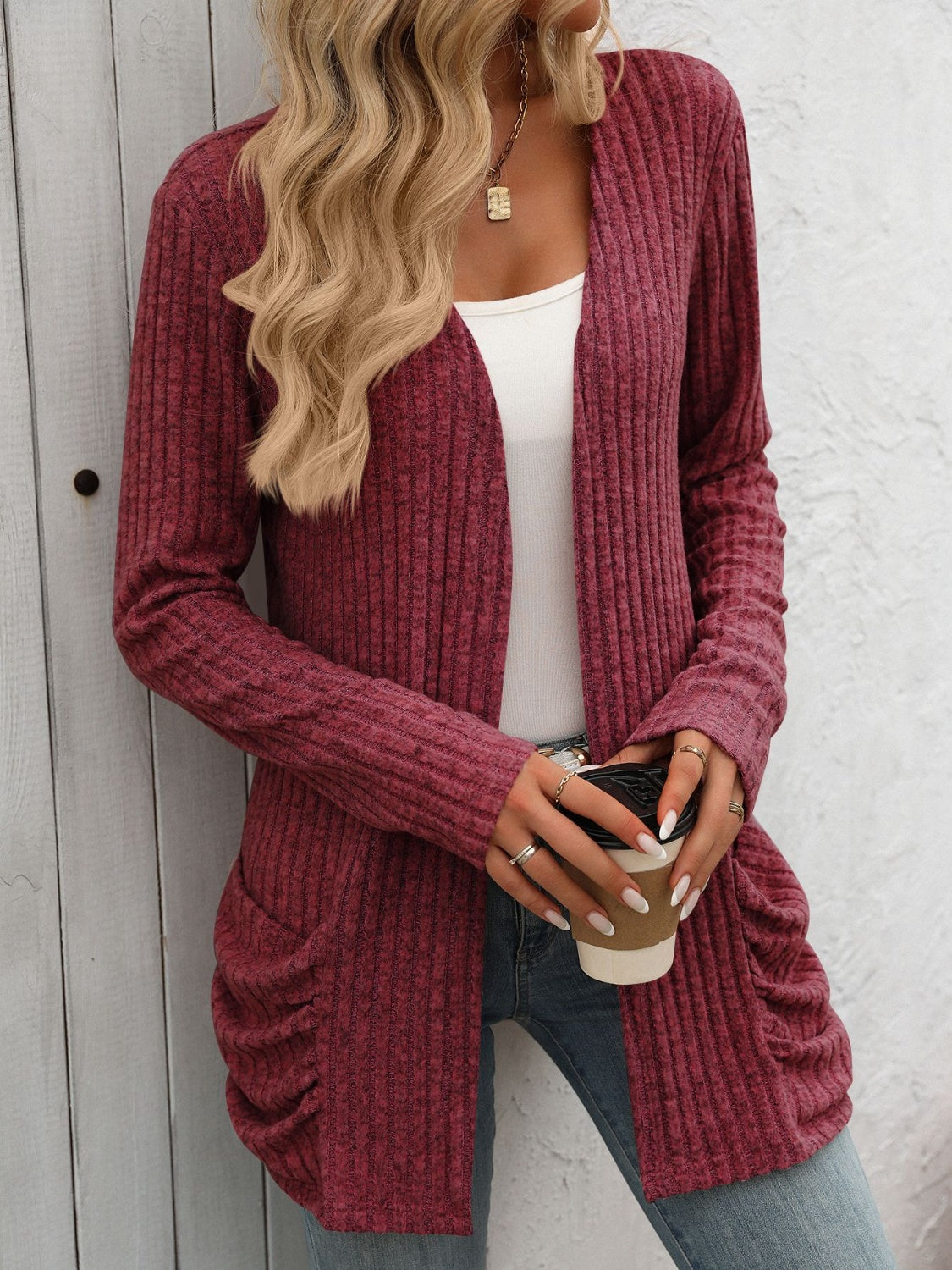 Mandy Open Front Long Sleeve Ribbed Cardigan 