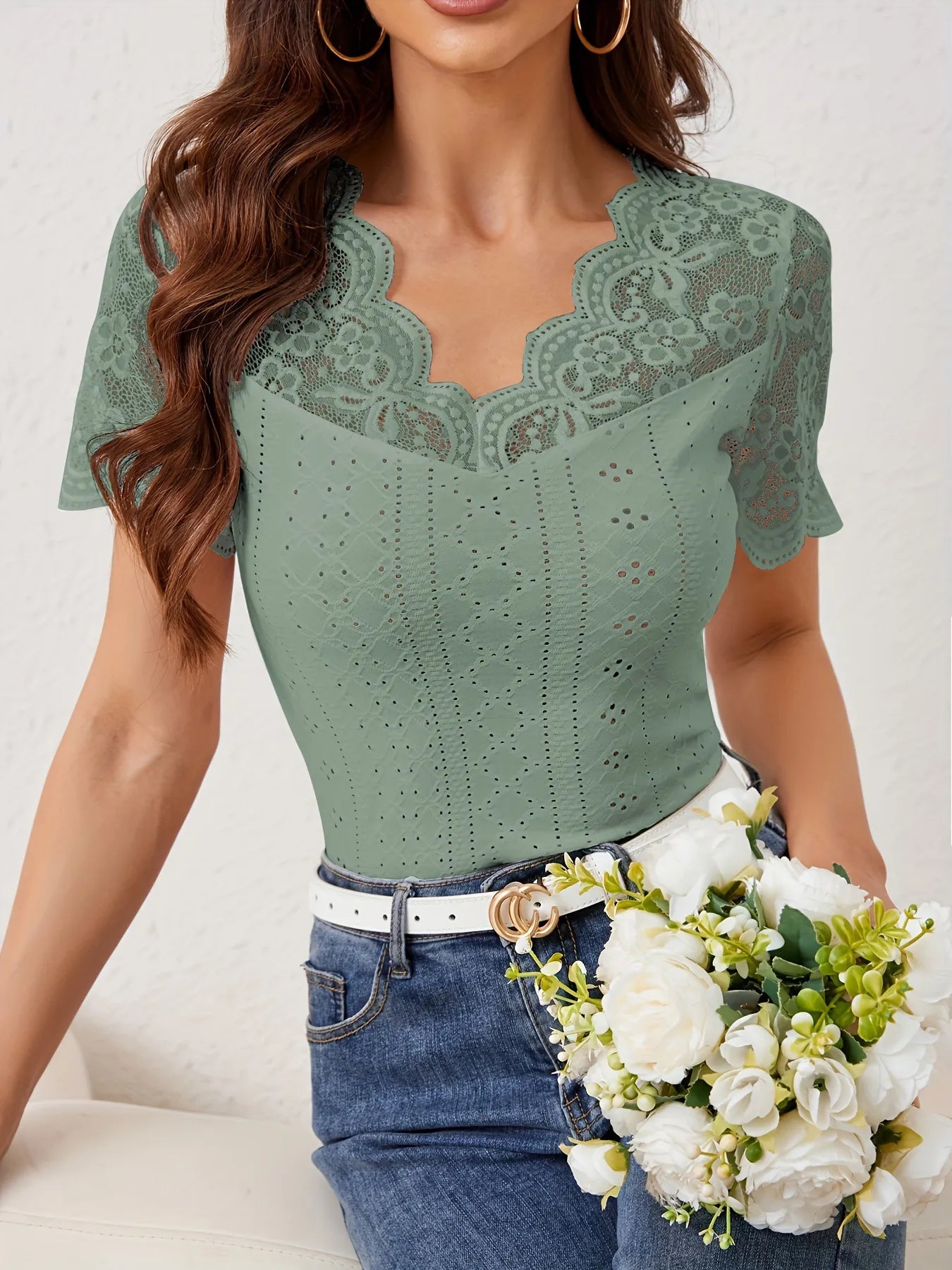 Lace Scalloped V-Neck Eyelet T-Shirt 