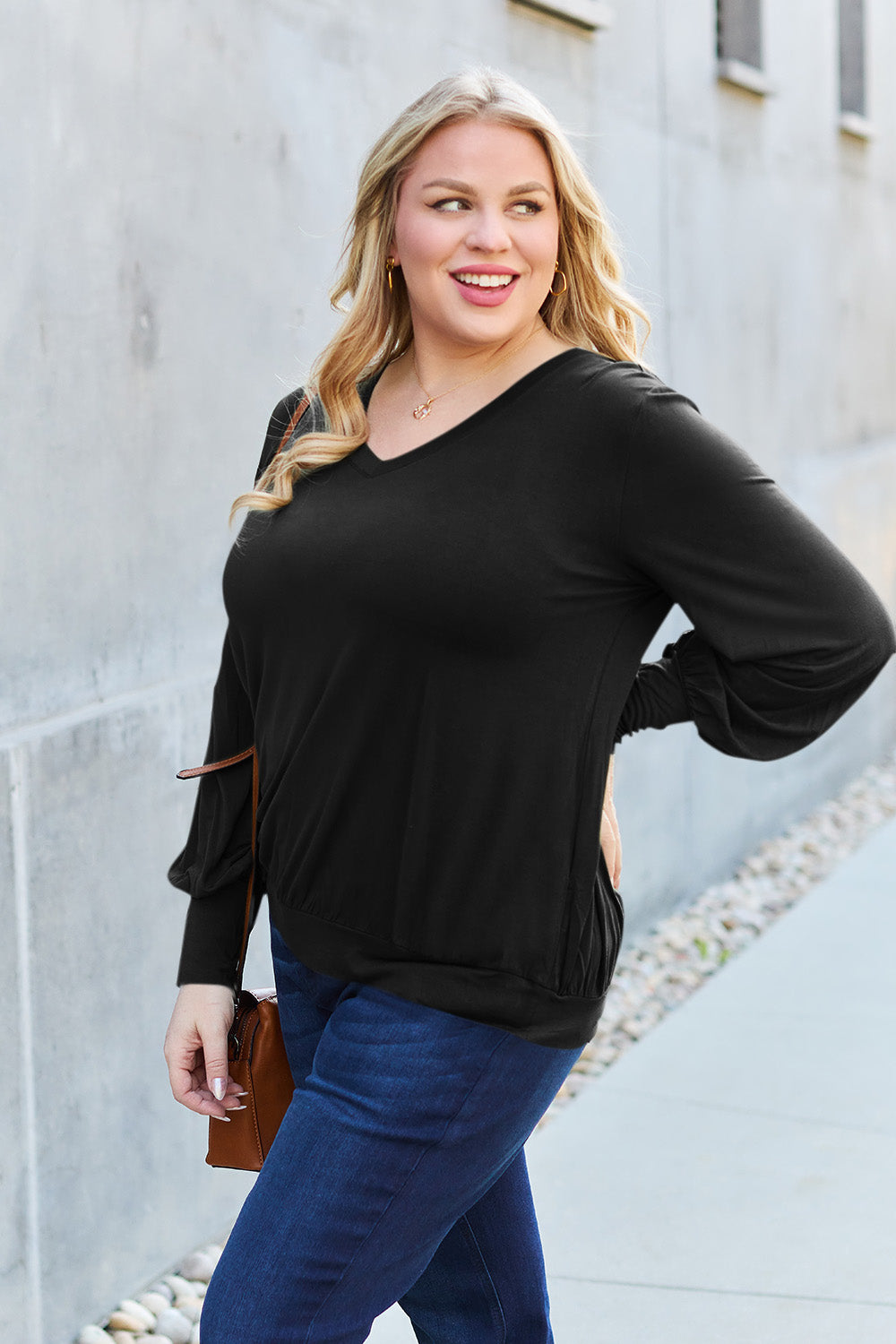 Basic Bae Full Size V-Neck Lantern Sleeve Top 