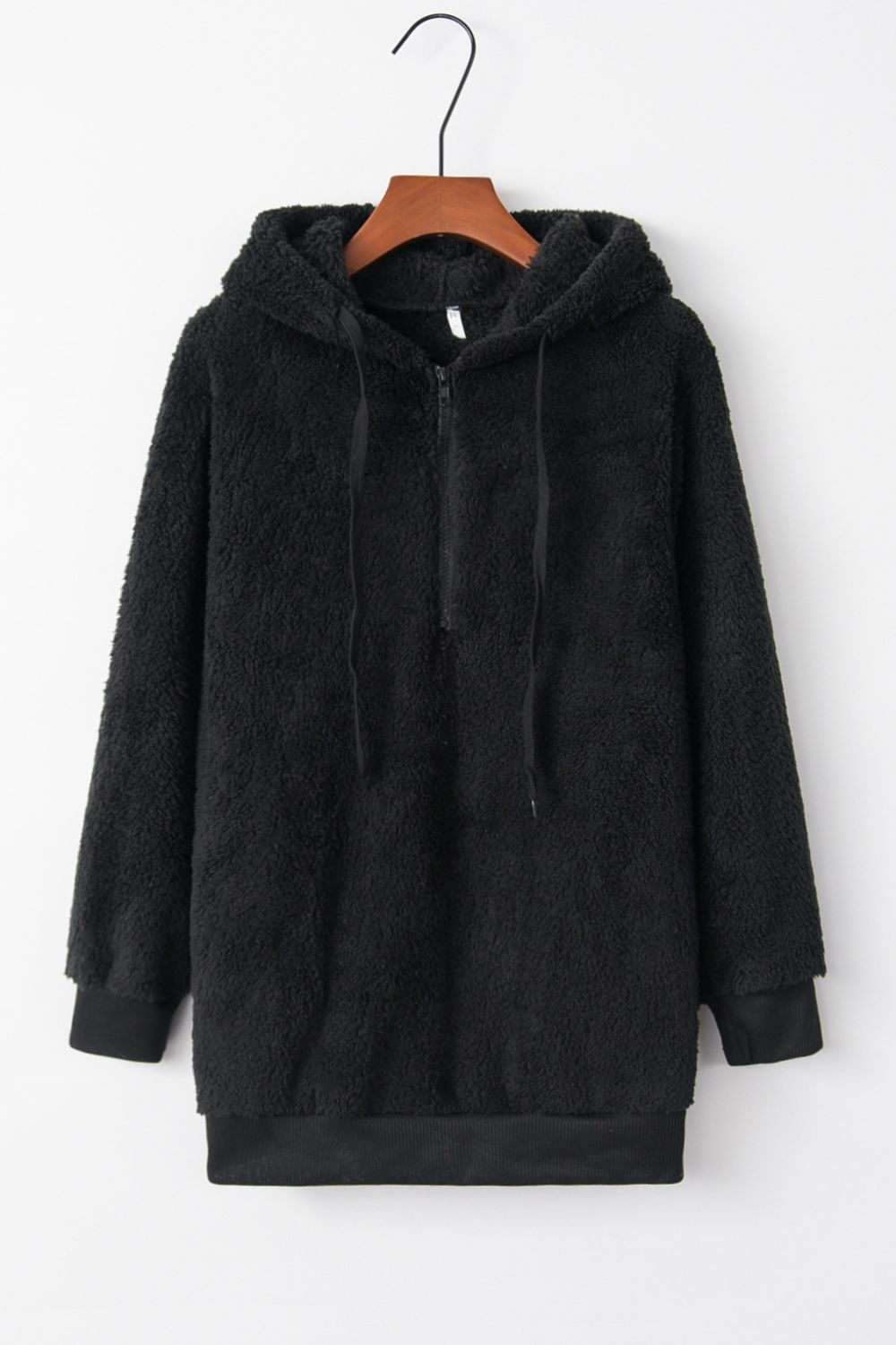Full Size Quarter-Zip Drawstring Teddy Hoodie 