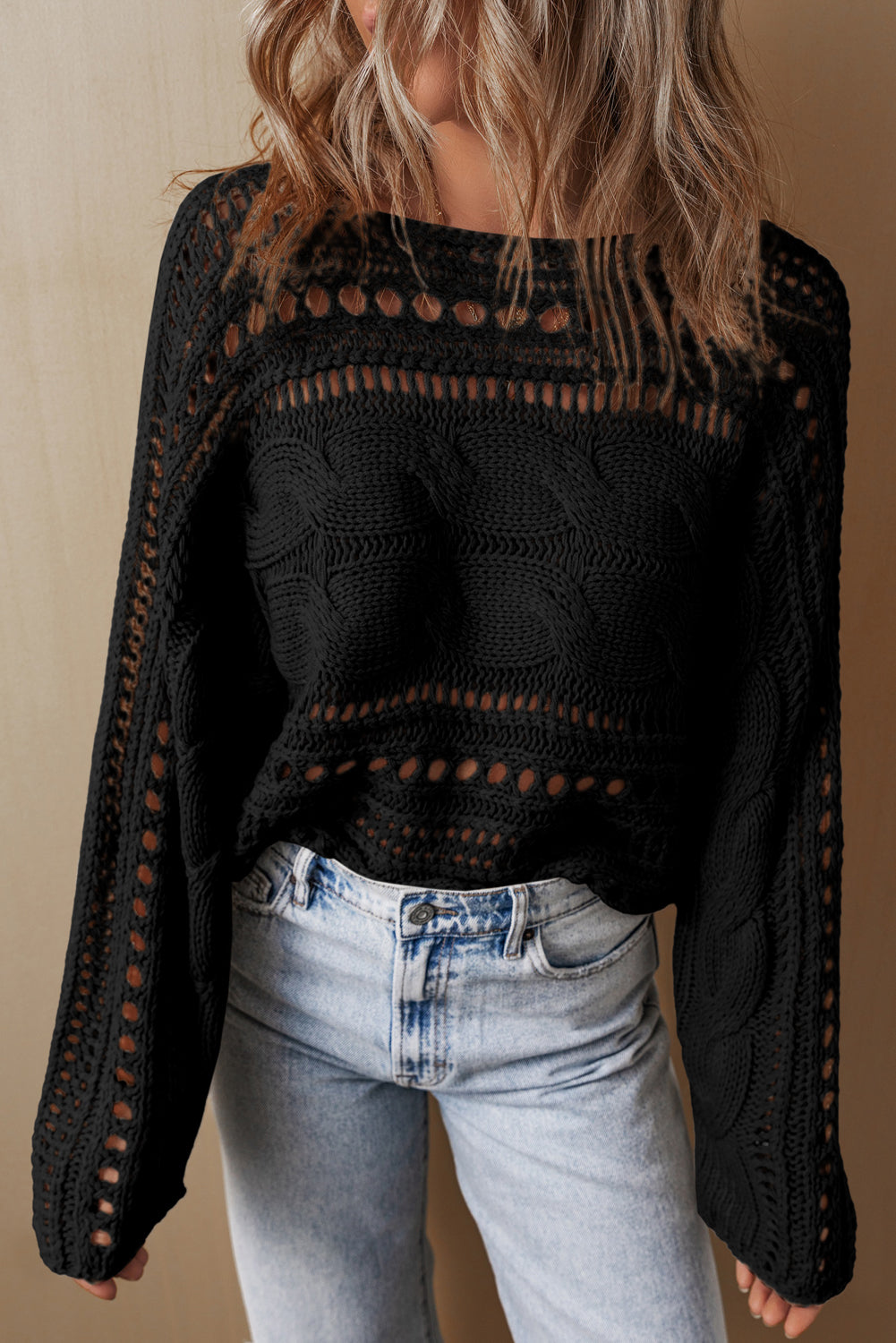 Smoke Gray Hollow-out Cable Knit Cropped Sweater Sweaters & Cardigans/Sweaters